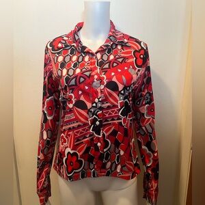 Vibrant Red and Black vintage Floral Geometric Button Down Shirt Retro